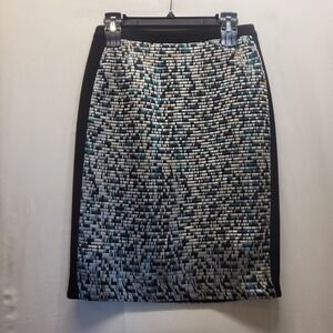 Hugo Boss Votina Pencil Skirt Womens 4 Black Blue Silver Geometric Jacquard Silk